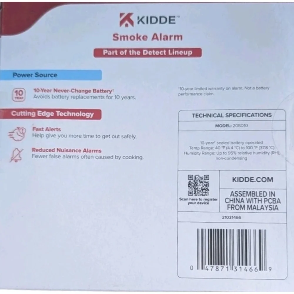Kidde 20SD10 10-Year Lithium Battery Powered Smoke Detector Never Change Battery